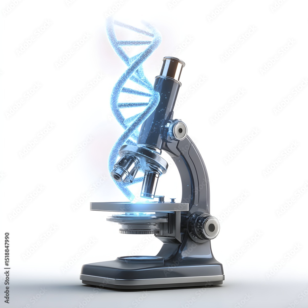 futuristic glowing dna helix spiraling above microscope with soft ...