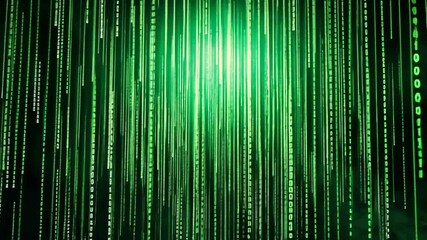 Green lines cascade down like binary code in a digital stream