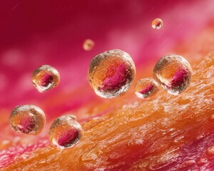Poster - Close-up Macro of Water Droplets on Colorful Textured Surface with Vibrant Pink and Orange Background for Modern Digital Art and Design