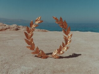 Poster - Metallic Laurel Wreath Award Symbol on Coastal Sand Background Representing Achievement and Excellence in Premium Luxury Branding and Marketing