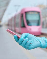 Aufkleber - Urban commuter using smartphone navigation app at tram station with pink tram in background, showcasing modern public transit and digital connectivity trends
