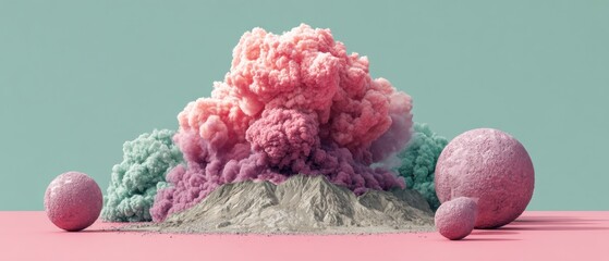 Poster - Modern abstract volcanic eruption with vibrant pink and teal ash clouds showcasing geological disaster for digital art and scientific visualization trends