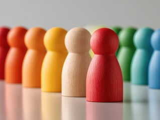 Aufkleber - Diverse wooden figurines in rainbow colors on reflective surface symbolizing workplace inclusion, individual uniqueness, and supportive team culture for recruitment