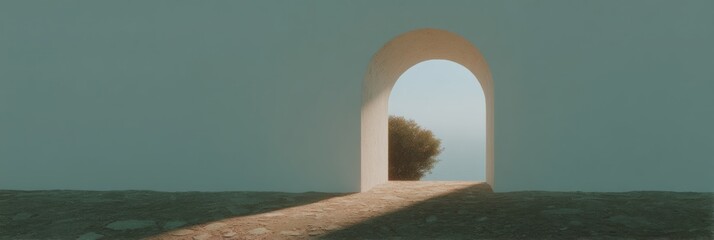Aufkleber - Minimalist Starting Gate Stone Archway with Light Streaming Through Opening to Illuminated Tree - Conceptual Journey and Transformation Imagery for Wellness and Life Coaching