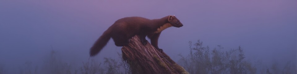 Poster - Nocturnal European Pine Marten Alert on Weathered Stump in Misty Forest Rain-Soaked Woodland for Wildlife Conservation and Biodiversity Awareness