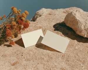 Poster - Minimalist Blank Business Cards with Soft Shadows on Natural Stone Surface Featuring Dried Flowers for Sustainable Branding and Eco-Friendly Corporate Identity