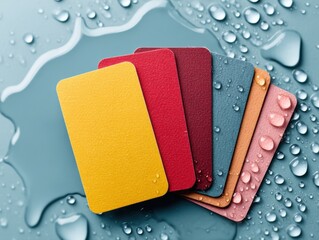 Leinwandbilder - Vibrant textured business cards fanned on wet surface with water droplets, showcasing modern tactile design for creative branding and premium commercial appeal