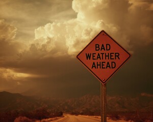 Aufkleber - Road Safety Warning Sign with Bad Weather Ahead Diamond Shape and Storm Clouds - Hazard Alert for Driver Awareness and Preventive Traffic Communication