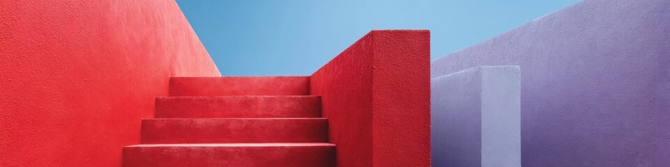 Poster - Modern outdoor concrete staircase with vibrant red and purple walls, functional design for residential access, emphasizing safety and urban architectural trends