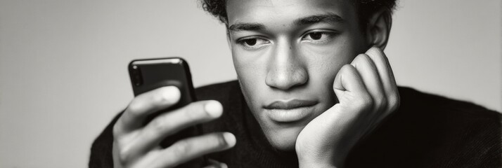 Aufkleber - Focused Young Man Using Smartphone for Social Media Scroll in Modern Digital Lifestyle - Tech Engagement and Information Flow Concept