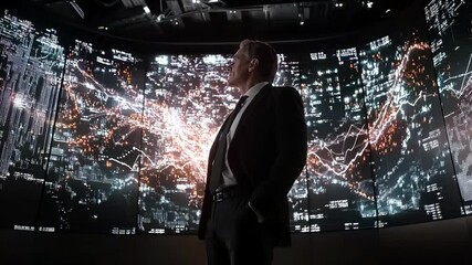 Poster - Confident Businessman Analyzing Complex Data on Large Screen, Future of Business