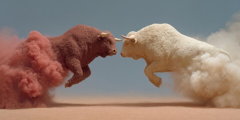 Aufkleber - Aggressive Bull and Bear Clash Amid Dust Clouds with American Flag Backdrop Symbolizing Market Volatility and Economic Policy Impact in Finance