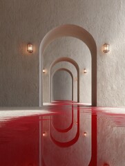 Poster - Minimalist Arched Corridor with Soft Wall Lights and Reflective Red Floor Enhancing Modern Architectural Visualization and Interior Design Trends