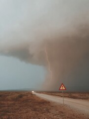 Poster - Storm Alert Sign with Exclamation Mark on Rural Road under Lightning Strike in Stormy Sky for Severe Weather Safety Campaigns and Emergency Preparedness