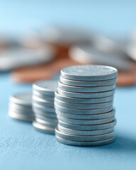 Fototapete - Stacked Silver Coins Forming Upward Trend on Blue Surface Representing Public Sector Growth and Economic Expansion in Modern Financial Strategy