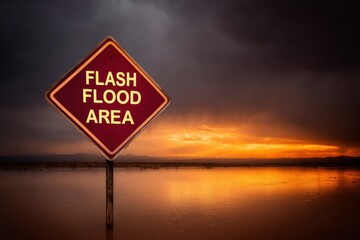 Poster - Flash Flood Warning Sign with Reflective Text Against Dramatic Sunset Sky - Disaster Preparedness and Public Safety Communication Concept