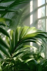 Aufkleber - Ultra-Realistic Tropical Plant Leaves with Sunlight Filtering Indoors in a Lush Garden Setting for Sustainable Green Living and Wellness Inspiration