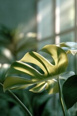 Aufkleber - Ultra-realistic tropical plant leaf with soft sunlight and lush garden background, sharp textured details for sustainable living and wellness content