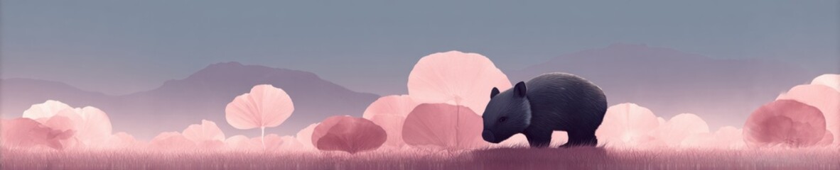 Poster - Minimalist Marsupial Landscape Soft Pastel Wombat Silhouette in Dreamlike Ecological - Contemporary Nature Art and Digital Wellness Visualization