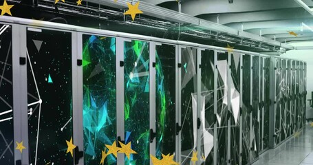 Poster - Glowing mesh emerging behind server cabinets, pulsing nodes, stars drifting showing connectivity