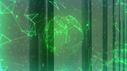 Poster - At start green globe appearing behind panels with network nodes drifting, rotating for connectivity