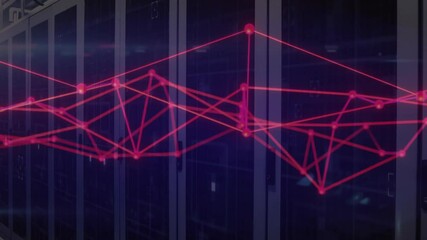 Poster - On startup red wireframe network graph over server racks shifting waveform illustrating data flow