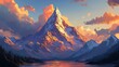 © Aliando - Majestic snow-capped peak reflecting the warm glow of the setting sun over serene lake
