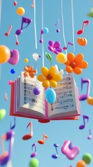 Fototapete - Colorful cute balloons book and flower illustration poster background