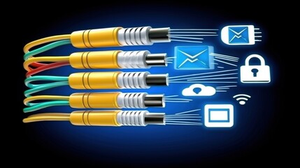 Poster - An abstract visual representation of the modern digital landscape featuring a variety of colored cables and iconic symbols associated with internet networking and digital technology