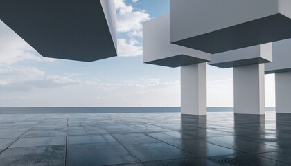 Aufkleber - Abstract Geometric Architecture Under Cloudy Sky With Reflections Of Forms In The Water