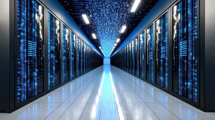 Poster - a sleek futuristic data center with rows of illuminated server racks stretching into the distance cr