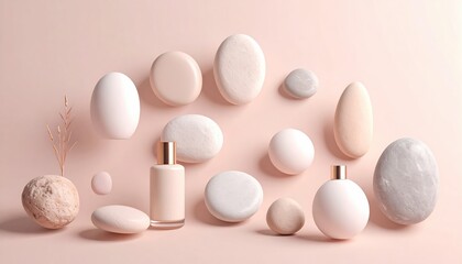 Poster - Arrangement Of Beige River Rocks And Cosmetic Bottles On Pink Surface With Varied Shapes And Textures