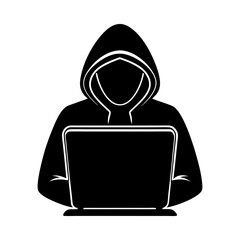 Poster - 3D illustration of a man working on a laptop computer with a screen, suitable for technology, business, or internet concepts, computer hacker silhouette vector icon on white background