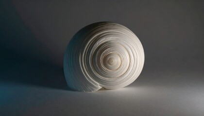 Poster - Detailed Studio Shot of a White Seashell Displaying Intricate Spiral Patterns on Dark Background with Contrasting Light