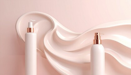 Poster - Elegant Cream Swirls with Cosmetic Bottles on a Pale Pink Background Soft Lighting