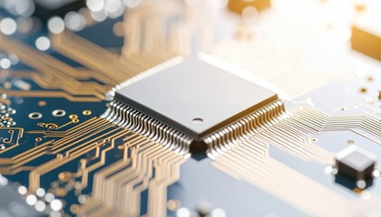 Poster - Extreme Macro Shot of a Microchip Circuit with Metallic Details and Warm Light Reflections
