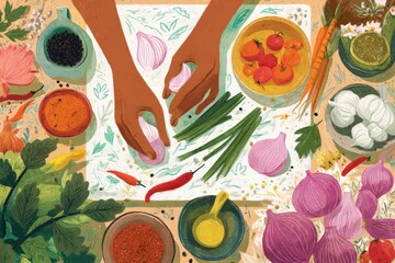 Aufkleber - Colorful Food Preparation With Fresh Vegetables and Spices on a Sunny Kitchen Table