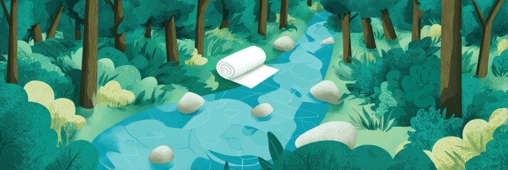 Poster - Forest Bath Relaxation Near a Flowing River With a Towel Set Against Lush Greenery