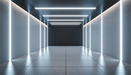 Aufkleber - Futuristic Interior Perspective with Neon Lighting on Reflective Floor and Textured Walls