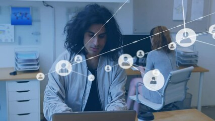 Poster - Tech office worker typing on laptop activating network icons forming info web showing data flow