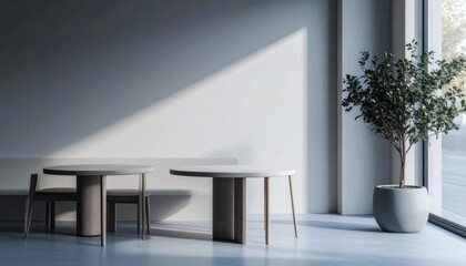 Aufkleber - Minimalist Cafe Interior With Sunlight Casting Shadows On Tables Chairs and Potted Plant Beside Window