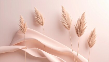 Poster - Pampas Grass Stems And Soft Pink Satin Fabric Against Pink Backdrop In Studio