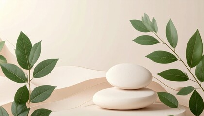 Poster - Serene Composition Featuring Beige Background White Stacked Stones and Green Leaves with Gentle Oval Pattern