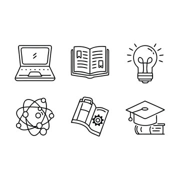 A vector silhouette individually image of a black line art education icons set