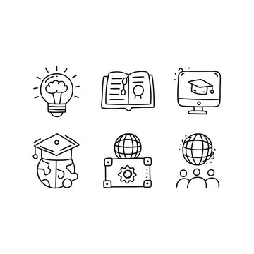 A vector silhouette individually image of a black line art education icons set