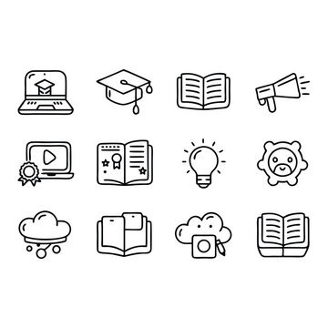 A vector silhouette individually image of a black line art education icons set