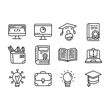 A vector silhouette individually image of a black line art education icons set