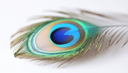 Poster - Macro Close Up Of A Peacock Feather Displaying Detailed Iridescent Colors On White Background