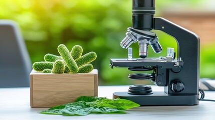 Poster - A microscope is centered on a small green succulent plant in a professional scientific workspace with a laptop and other laboratory equipment visible in the background