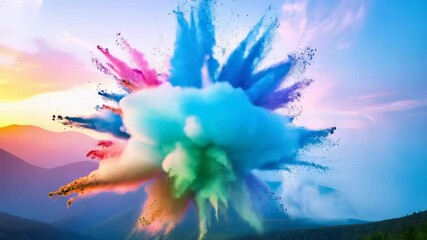 Poster - Colorful powder explosion against a sky backdrop, displaying vibrant pink, blue, and white hues, particle motion and abstract design.